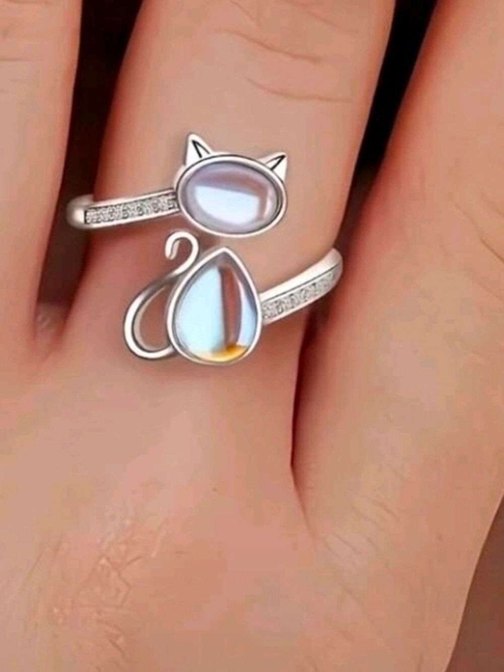 Silver Cat Wrap Ring Iridescent Cabochons
